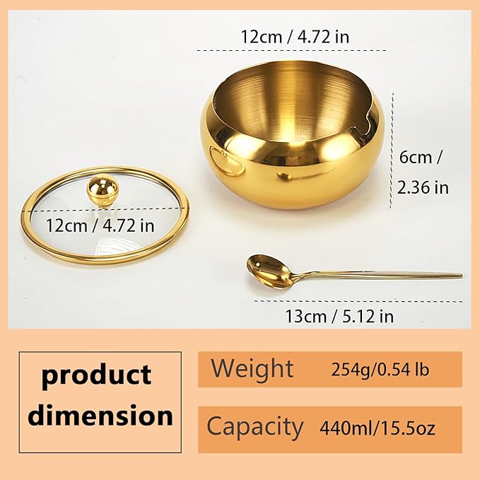 15OZ Sugar Bowl with Glass Lid and Spoon, Sugar Container of Coffee Bar Accessories, Stainless Steel Jar for Salt, Tea, Brown Sugar Cube, Dishwasher Safe, Kitchen Decor Countertop Storage, Gold