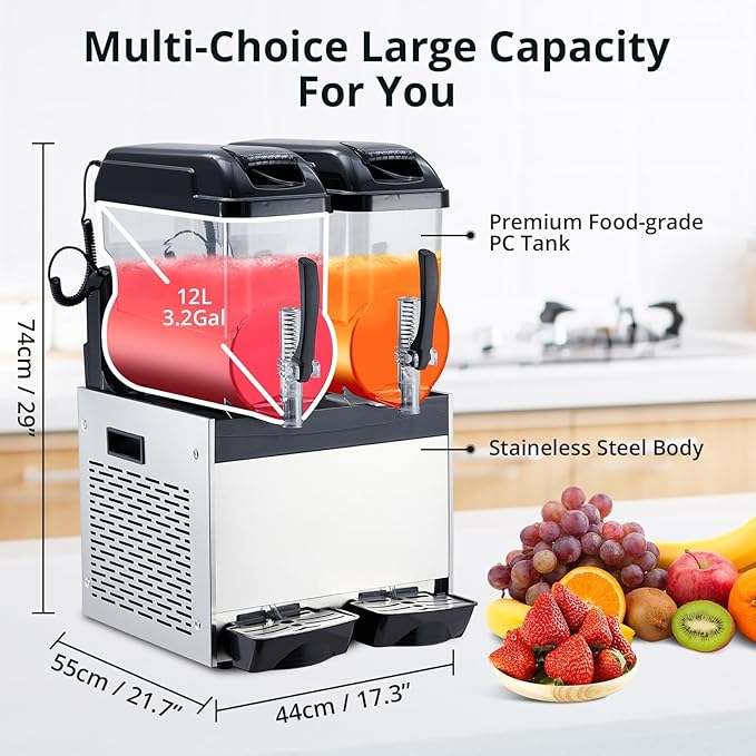 Black 12 L*2 700W Commercial Slushy Machine - Self-Cleaning Stainless Steel Frozen Drink Margarita Ice Cream Maker for Snow Melts, Cocktails - Ideal for Homes, Coffee Shops,and Restaurants
