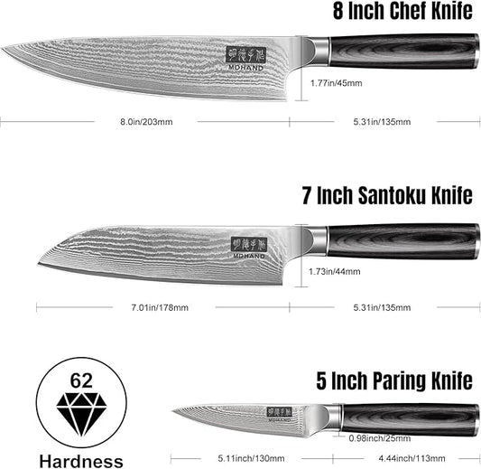MDHAND Damascus Knife Set, 3PCS Ultra Sharp 10Cr15CoMoV Super Steel Japanese Kitchen Knife, Professional Chef Knife Set with Black Pakkawood Handle, Including Chef, Santoku & Paring Knife, Elegant Box