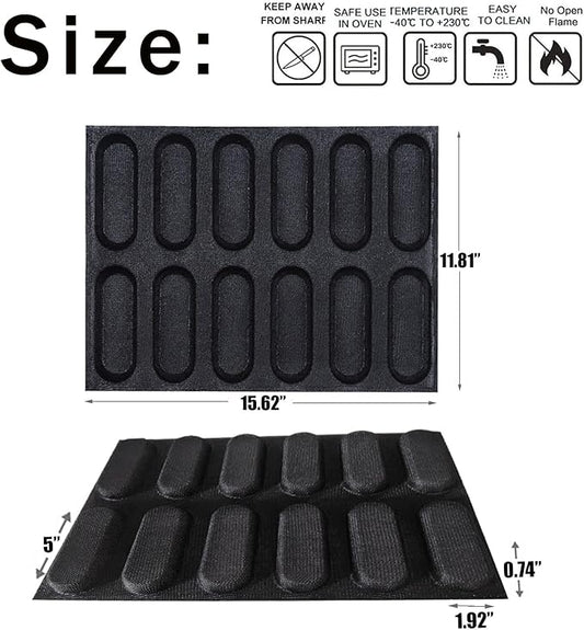 Dioycli Silicone Bread Loaf Pan for Baking, Mini Baguette Bread Pan Perforated Hot Dog Bun Pan 12 Loaf Non Stick Baking Liners Mat