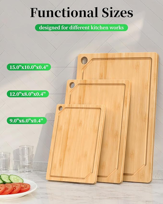 Kitsure Cutting Board Set - 3-Piece Wooden Cutting Boards for Kitchen with Juice Groove, Handles, Hang Holes, Stylish Kitchen Essentials for Chpping & Serving, Natural, 0.4"Th - (L+M+S)