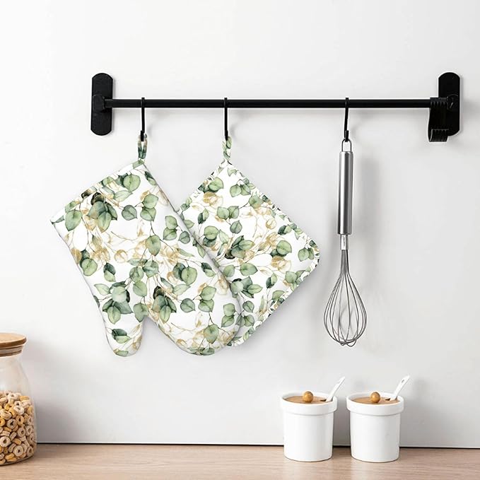 Gold Eucalyptus Branches Silicone Oven Mitts and Pot Holders Sets Green Leaves Kitchen Mitts Potholder Kitchen Accessories for Cooking Baking BBQ