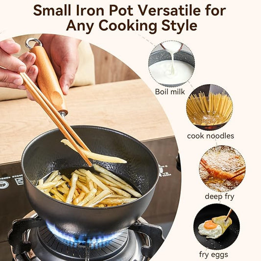 WANGYUANJI 7.1 Inch Hammered Iron Saucepan with Glass Lid, Removable Beechwood Handle, Small Milk Pot for Boiling, Simmering, Heating – Non-Coated, Stovetop Compatible