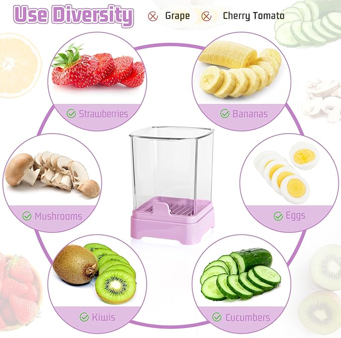 Fruit Slicer Cup for Strawberry, Banana, Hard-Boiled Egg - Detachable Cutter with Push Plate - Rapid & Safe Slicing Kitchen Gadget for Quick Meal Prep (Purple)