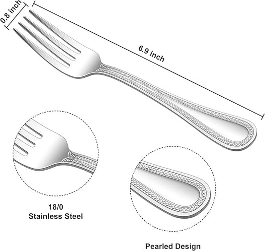 E-far Salad Forks Set of 12, 6.9 Inch Pearled Edge Dessert Forks Stainless Steel Suitable for Party, Home, Kitchen and Restaurant, Non-toxic & Mirror Polished, Dishwasher Safe