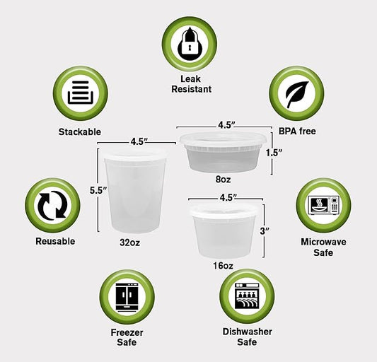 SafeWare Deli Containers with Airtight Lids 50 Mix Sets (16oz- 25 Set, 32oz 25 Set) Perfect for Slime, Portion Control, Microwavable, Dishwasher, Freezer Safe, Leakproof, Stackable
