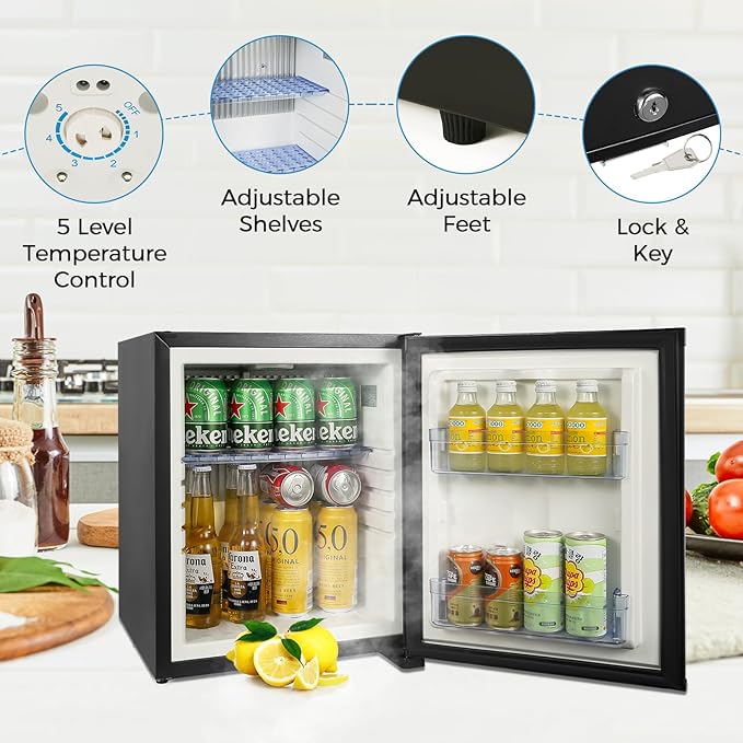Mini Fridge for Bedroom, 1.07 cu.ft 110V Quiet Fridge with Lock, Small Silent Compact Refrigerator for Dorm RV Hotel Office, Noise Absorption, Black