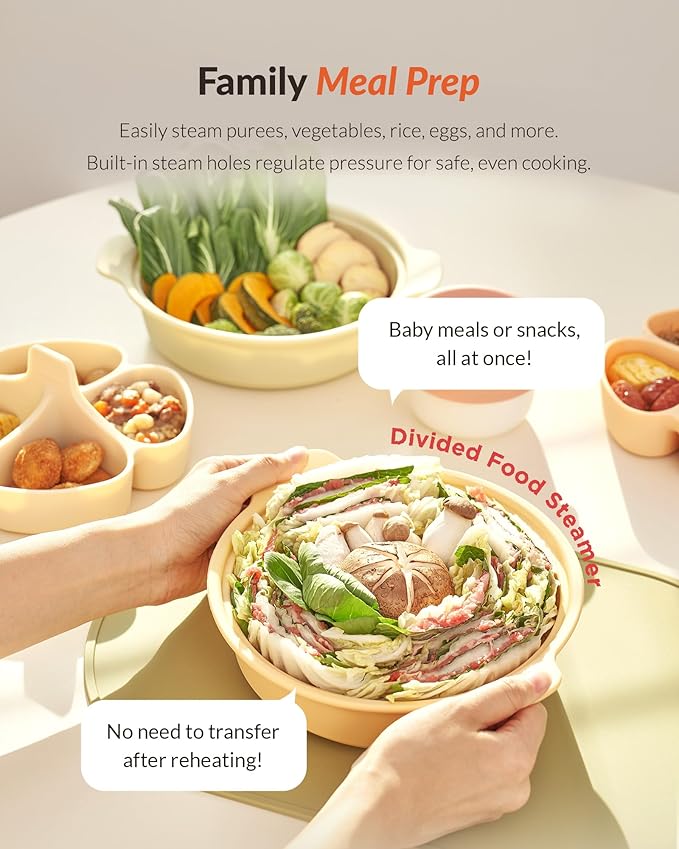 Moyuum Silicone Microwave Divided Steamer | Made in Korea, Baby Food Maker Bowl with 4 Compartment Divider and Steaming Tray, Steam Cooking Pot for Purees and Vegetables, Dishwasher Safe - Pistachio