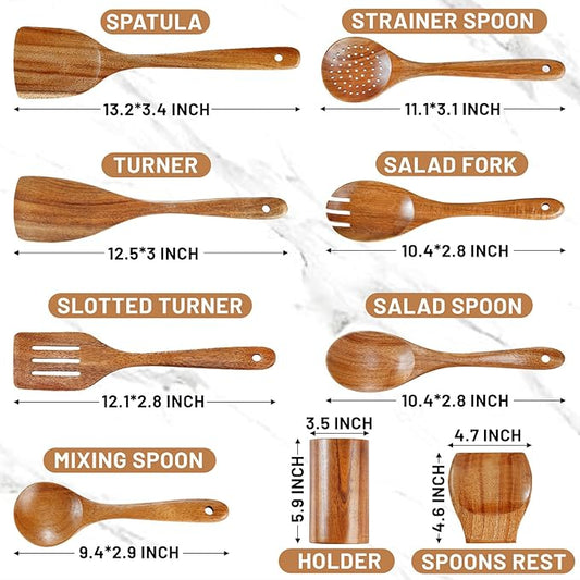 Pleafind Natural Teak Wooden Utensil Set - 9 Pcs, Wooden Spoons for Cooking, Wooden Cooking Utensils Set with Holder & Spoon Rest, Soft Comfort-Grip Wood Kitchen Utensil Set for Non-Stick Cookware