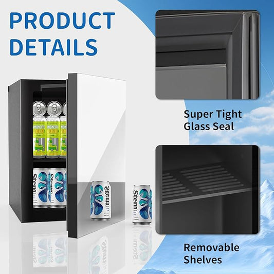 Stopasd Compact Beverage Refrigerator, 0.9 Cu.Ft/24 Can Mini Fridge with Adjustable Shelves & Mirror Door for Drink and Cosmetics,Quiet Compact Countertop Skincare Fridge for Bedroom/Office/Bar