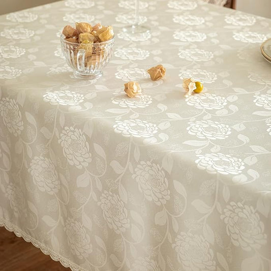 Textured Tablecloth Waterproof Spillproof Lace Trim Rectangle Damask Fabric Table Cloth for Wedding Kitchen Dinning Tabletop Decoration,Oblong Table Cover 55 x 86 Inch, Ivory White