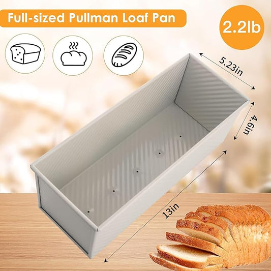 Spmarkt Premium Beige 13-inch Pullman Loaf Pan with Lid, 2.2 lb Sandwich Loaf Pan for Homemade Bread, PFTE and PFOA-Free Non-Stick Rectangle Bread Pan, Safe and Healthy, Easy to Clean