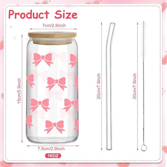 Pink Bow Glass Cups with Lids and Straws, 4 Pcs 16 OZ Coquette Bow Aesthetic Glass Iced Coffee Cup Smoothie Reusable Mug Tumbler for Girls Women Sister