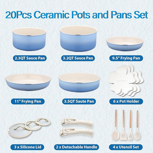 20pcs Ceramic Cookware Set Nonstick, Detachable Handle Pots and Pans Set, Non Toxic,No PFAS & PTFE & PFOA, Dishwasher/Oven Safe, RV Kitchen Set Removable Handle for Cooking, Blue