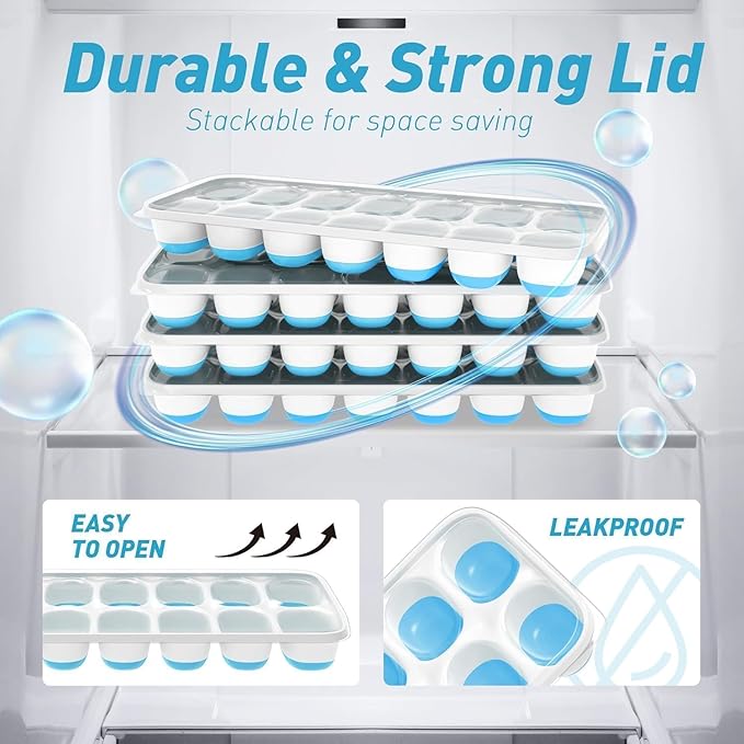 Ice Cube Tray with Lid, 2 Packs 28 Cubes Durable Stackable Ice Cube Trays for Freezer with Removable Lids, Easy-Release Plastic & Silicone Ice Tray for Cocktail, Coffee
