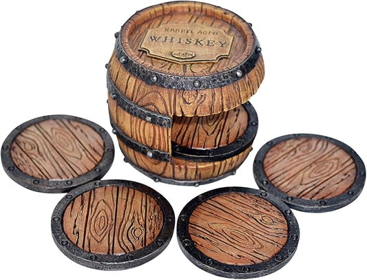 Pine Ridge Whiskey Bourbon Barrel Coaster Set - 5 Rustic Pieces for Bar Decorations for Home, Coasters for Men, Ideal Bar Coasters for Whiskey and Bourbon Drinkers, Man Cave Essentials