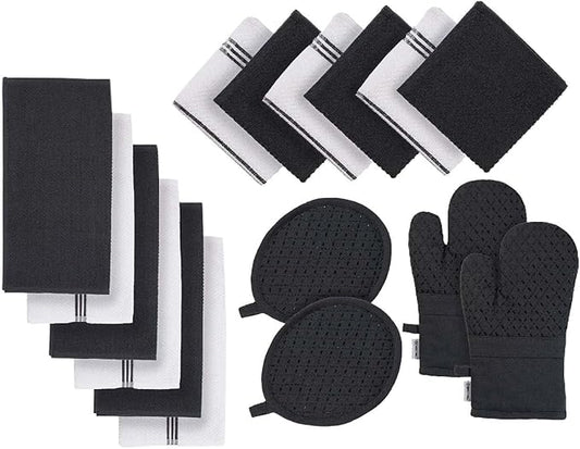LANE LINEN Kitchen Towels and Dishcloths Sets - 16 Pc Kitchen Essentials for New Home, Heat Resistant Silicone Oven Mitts & Pot Holder, Absorbent Terry Hand Towels & Dish Towel - Grey