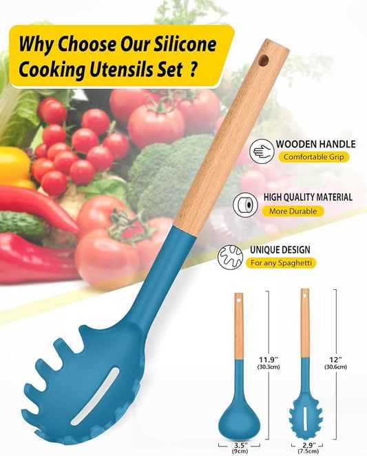 Silicone Pasta Fork and Ladle Spoon Set with Wooden Handle, Heat Resistant Non Stick Kitchen Utensils for Cooking, Stirring, Serving Spaghetti, Soup, Sauce(BLUE)