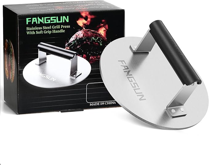FANGSUN Bacon Press for Griddle, Stainless Steel Grill Press, 8.5-Inch Heavy-Duty Burger Press with Heat-Resistant Handle, Non Stick Hamburger Press, Weight Burger Smasher for Meat, Steak, Panini