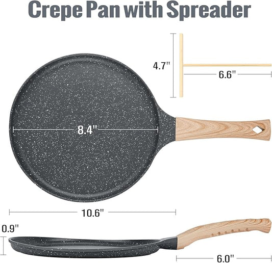 SouxMux Nonstick 9.7-Inch Crepe Pan with Spreader, Ceramic Coated Dosa Tawa Pan, Induction Compatible Flat Skillet for Pancakes, Omelettes, and More with Cool Handle, PFOA Free