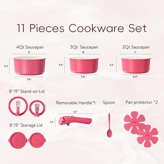 CAROTE Ceramic Sauce Pan Sets with Stand-Up Lid 2QT& 3QT & 4QT, 11 Piece NonStick Kitchen Cookware Sets with Detachable Handle, Non Toxic Cooking Pot, Oven Safe, Induction Ready, Pink