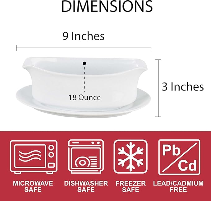HIC Kitchen Gravy Boat With Attached Saucer, Fine Porcelain, 18-Ounce Capacity For Gravy, Sauce, Au Jus, Dressing, Holiday Meals, And Entertaining