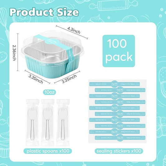 Ruckae 10oz 100 Pcs Square Mini Loaf Pans with Lids-Disposable Foil Dessert Containers,Mini Cake Pans with Lids,Aluminum Dessert Cups for Parties and Weddings (Light Blue, 10oz)