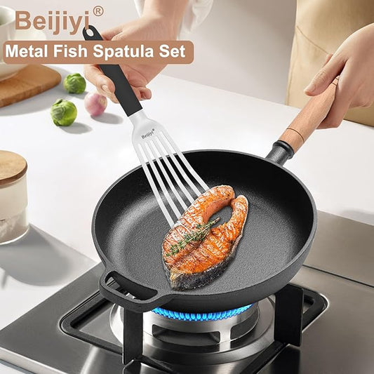 Beijiyi Fish Spatula, 11.7" Stainless Steel Slotted Turner with Silicone Handle, Metal Spatula for Cast Iron Skillet, Kitchen & Grilling Cooking Fish, Egg and Burger, Dishwasher Safe