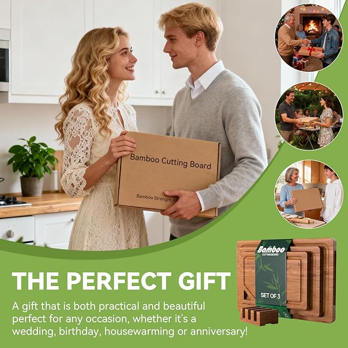 Bamboo Cutting Boards for Kitchen, Wood Cutting Boards with Deep Juice Grooves, 3-Pack Bamboo Cutting Board Set with Holder, Chopping Board & Charcuterie Board for Meal Prep & Serving