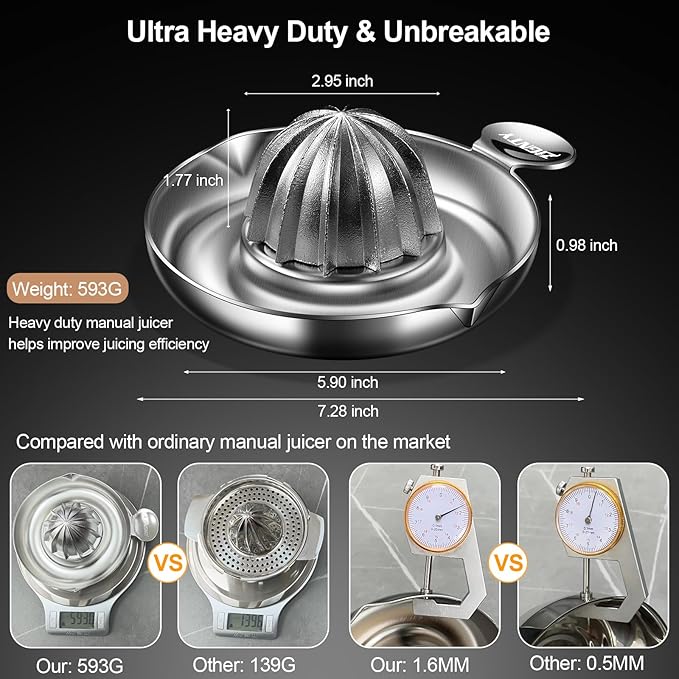Lemon Squeezer Stainless Steel, Heavy Duty Manual Hand Juicer, Premium Citrus Reamer Juicer Rotation, Lime Orange Fruit Squeezer, 200ML Container 2 Pour Spouts, Dishwasher Safe(5-Year Warranty)