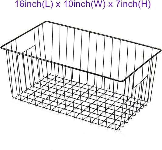 16inch Freezer Wire Storage Organizer Baskets, Household Refrigerator Bins with Built-in Handles, Black, 6PACK