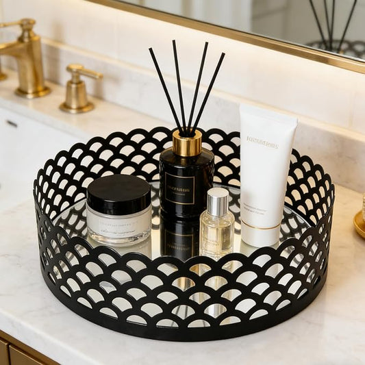 Black Metal Decorative Tray with Mirror Base - Round Vanity Tray for Makeup Brushes, Jewelry, Perfume, and Home Décor(7.3”X2”)