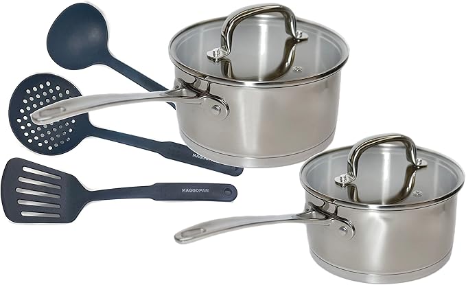 MAGGOPAN Stainless Steel Saucepans Impact Bonded Right Angles 7 PCS Set