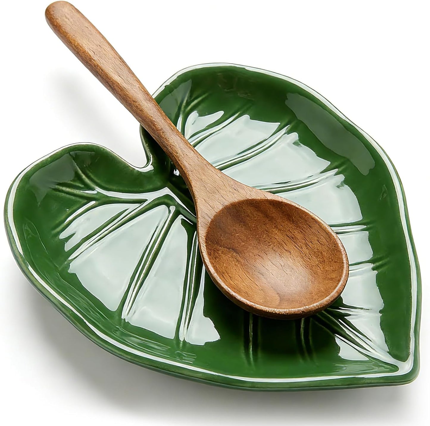 Ceramic Spoon Rest for Stove Top and Kitchen Counter, Green Leaf Spoon Holder, Cute Cooking Spoon Rest, Heat Resistant Dishwasher Safe Kitchen Utensil Rest, Decorative Kitchen Decor