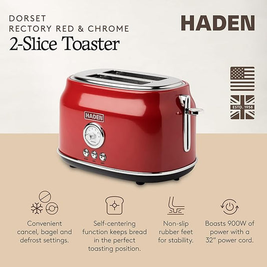 Haden Dorset 2 Slice Wide Slot Stainless Steel Toaster with Adjustable Browning Control & Non-Slip Feet, Rectory Red
