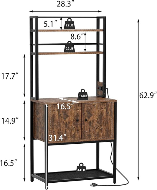 Kitchen Bakers Rack with Power Outlet, 5 Tiers Coffee Bar Table with Storage Cabinet, Microwave Oven Stand Kitchen Storage Shelf Rack for Spices, Pots and Pans (Rustic Brown)