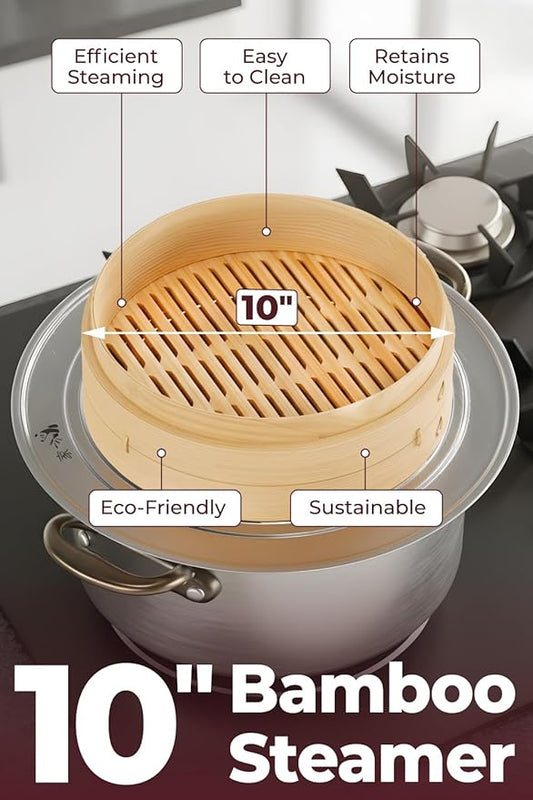 Prime Home Direct Bamboo Steamer Basket 10-Inch | 2-Tier Steamer for Cooking | 50 Liners, Chopsticks, Sauce Dish | Steaming Asian Food, Bao Buns, Chinese, Dim Sum, Dumpling, Rice, Vegetable Steam Pot