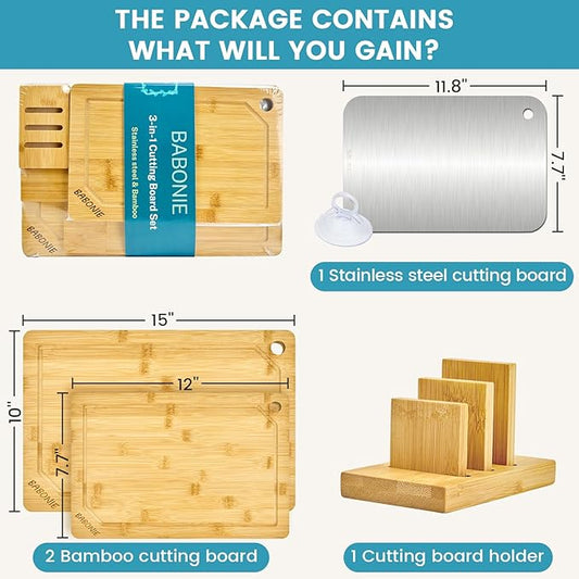Babonie Bamboo Cutting Board Set of 2PC Large Bamboo Cutting Boards for Kitchen with Wooden Organizer, 1PC Stainless Chopping board for Meat, Vegetables and Fruits Ideas Kitchen Gift