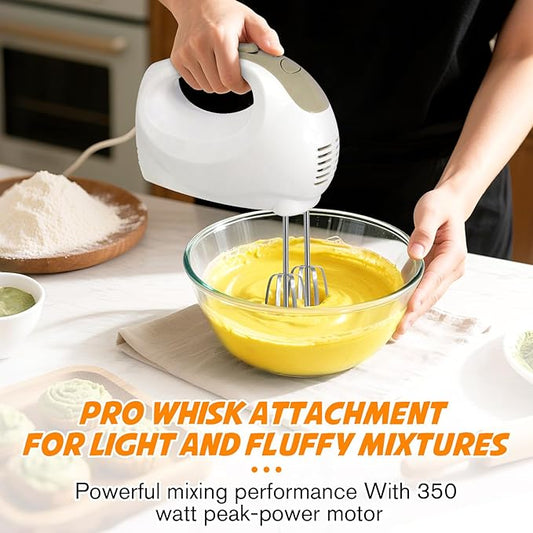 Handmixer - 5 Speed Portable Kitchen Mixer Electric Handheld with 5 Stainless Steel Accessories Whisk, Food Beater, Ivory