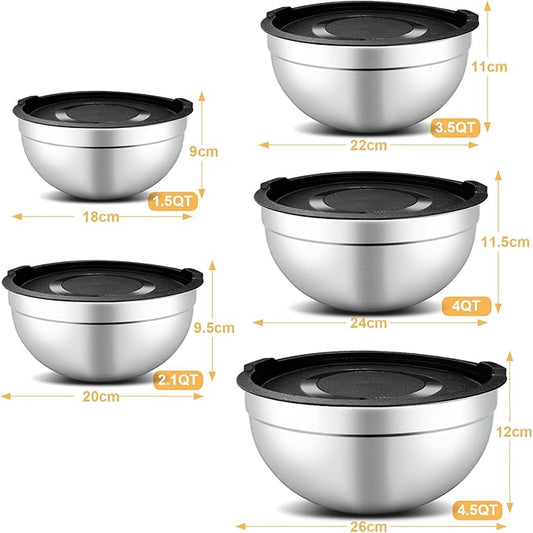 5 Piece Mixing Bowl Set, Mixing Bowls with Lid, Stainless Steel Mixing Bowls for Baking, Size 1.5, 2.1, 3.5, 4, 4.5QT, Baking Bowl for Food Preparation, Mixing and Serving Foods