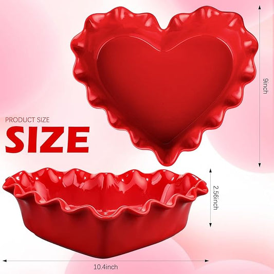 FoldTier 9in Valentine's Day Heart Shaped Deep Pie Dish 2.6in Ceramic Ruffle Heart Pie Pan Baking Dish for Valentine Wedding Anniversary Party Apple Quiche Pot Pies Tart for Microwave Oven(Red)