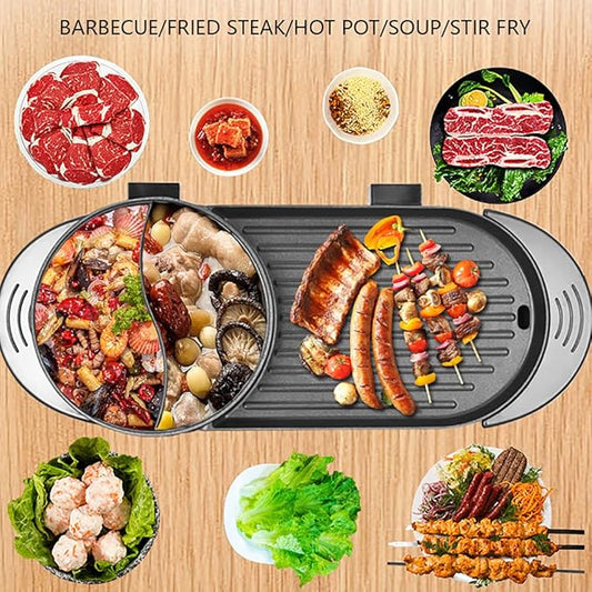 Hot Pot Electric with Grill 2 in 1 Indoor Non-Stick Shabu Pot and Frying Pan Portable with Grill Dual Temperature Control Fast Heating for BBQ, Steaks (Large-Black)