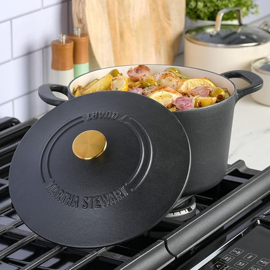 MARTHA STEWART Gatwick 7-Quart Enamel Cast Iron Dutch Oven Pot with Lid – Matte Black – Durable Heavy-Duty Dutch Oven for Slow Cooking, Braising & Baking