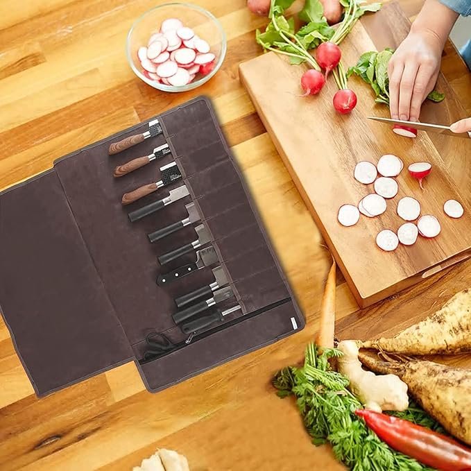 Chef’s Knife Roll Bag,Waxed Canvas Knife Cultery Carrier, Portable Chef Knife Cases,Knife Pouch Holders With 10 Slots Plus 1 Zipper Pockets Can Hold Home Kitchen Knife Tools Up To 18.8”