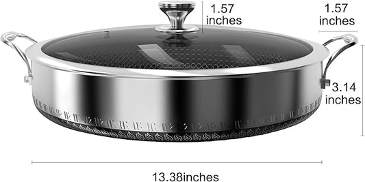 CATHYLIN 316L Stainless Steel 8QT Frying Pan Hex Nonstick Wok with Lid, Two Handle to Hold, PFOA Free, Dishwasher Oven Safe (8QT)