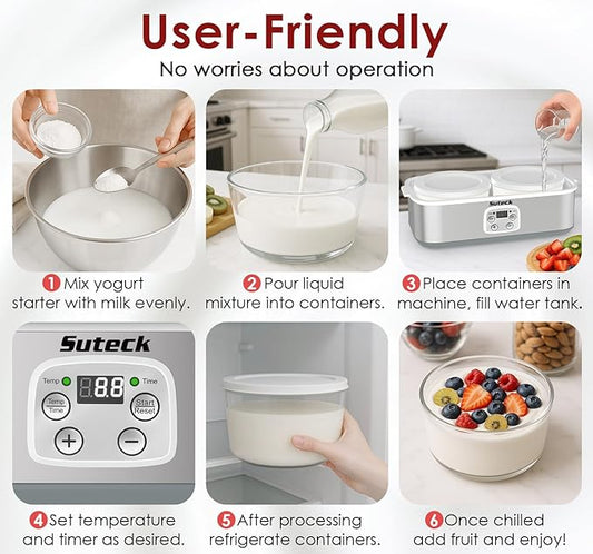 Suteck Yogurt Maker - Stainless Steel Yogurt Makers with Adjustable Time & Temp Control,Automatic Shut-Off & Constant Temper for Homemade Greek, Probiotic Yogurt, BPA-Free 2 Yogurt Bowls (2 Quart)