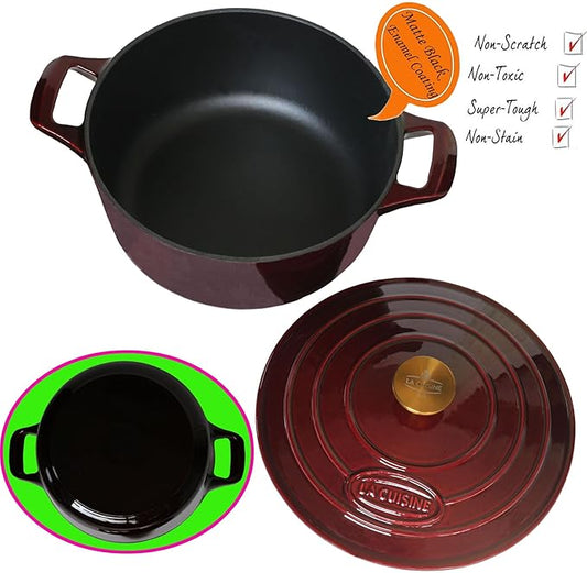 La Cuisine Enameled Cast Iron Dutch Oven Casserole Dish Pot with Lid, 5 QT 10.3“ /26cm Dia. Internal Matte Black Enamel Coating Gold-Plated SS Lid Handle Oven Safe up to 500° F, Cranberry