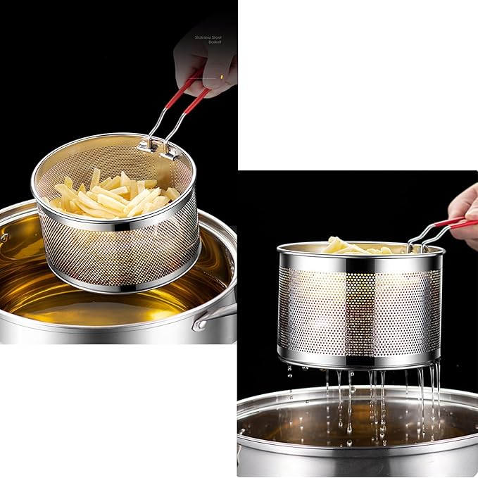 Pasta Strainer Set of 2, Stainless Steel Noodle strainer, 18cm with Removable Handle Metal Pasta Strainer Basket Deep Fryer Basket, Kitchen Colander for Washing Draining Deep-frying Boiling Steaming
