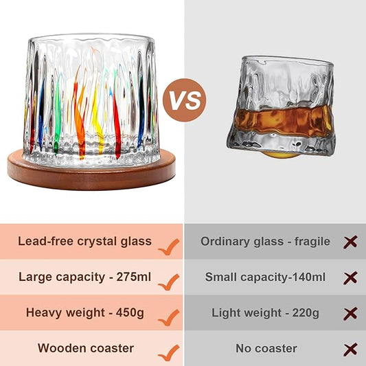 Rotatable Old Fashioned Glass, 275ml/10oz Crystal Whiskey Glass Set of 4, Wood Coaster, Thickening, Used as Rum Glass, Cocktail Cup, Coffee Cup, Milk Cup to Relax and Reduce Stress, Christmas gifts
