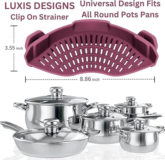 Clip On Strainer Silicone for All Pots and Pans, Pasta Strainer Clip on Food Strainer for Meat Vegetables Fruit Silicone Kitchen Colander (Black)